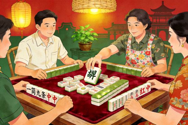 广东麻将推倒胡玩法游戏画面，岭南风情牌桌